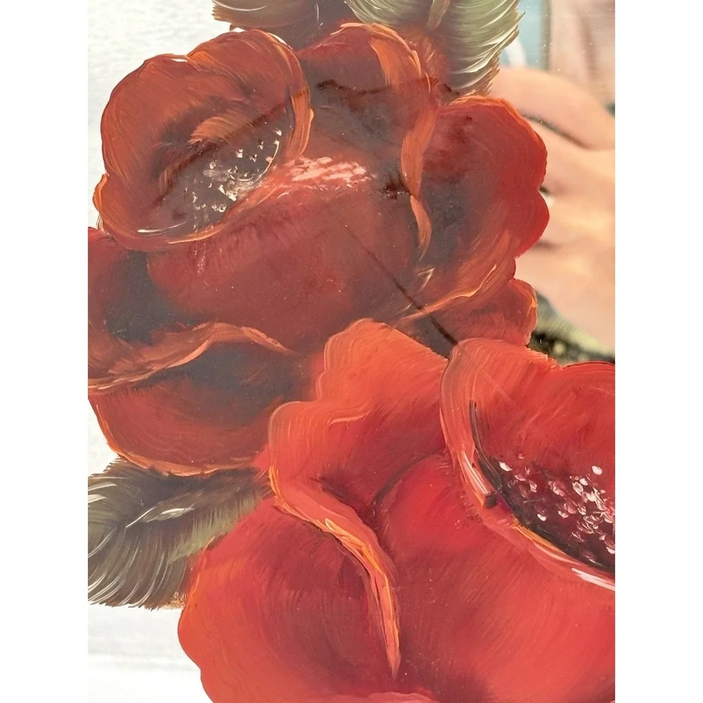 VTG  Hand Painted, Red Rose Wood‎ Framed Mirror Picture  Flaw Read 13